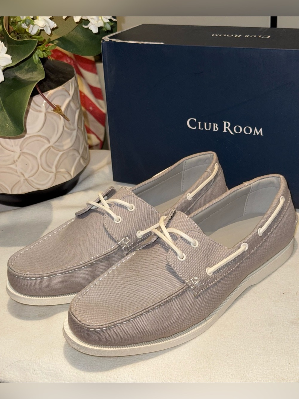 Club Room Taupe Canvas Men’s Boat Shoes with White Laces